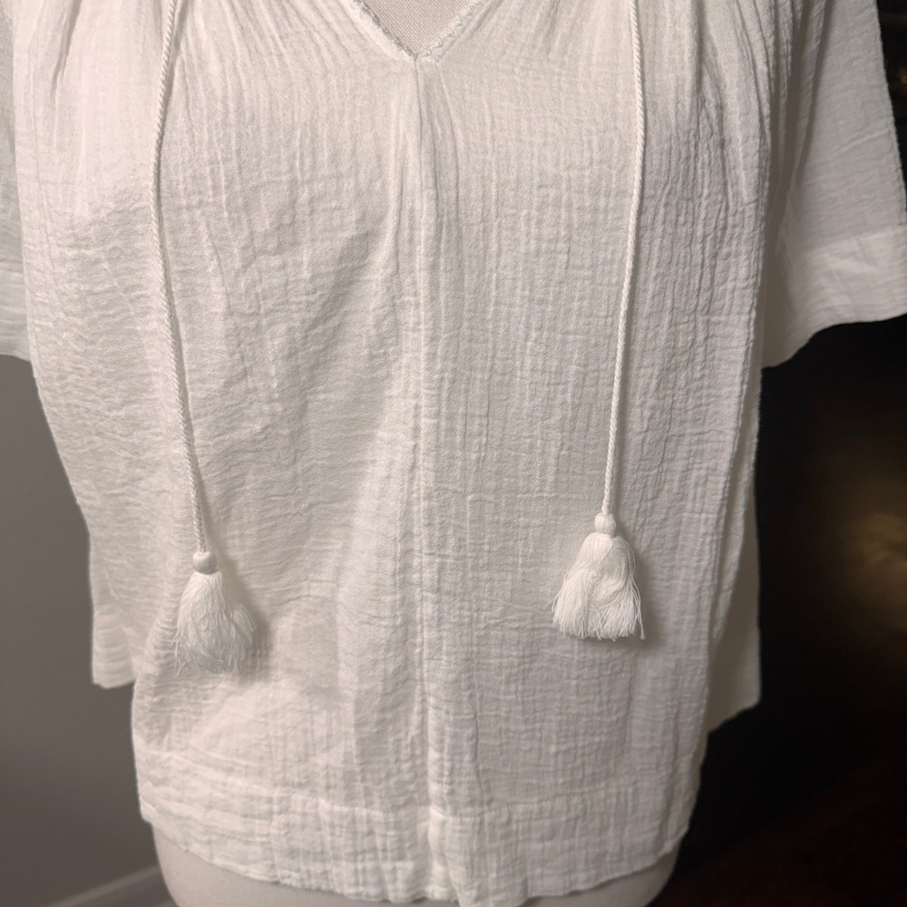 Vince White Cotton Gauze Peasant Blouse Tassel Tie V-Neck Smocked Top XS Boho - Picture 9 of 13